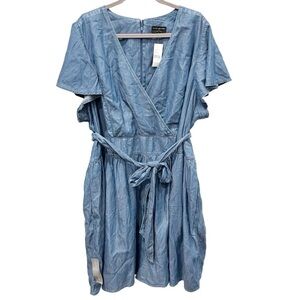 Lane Bryant Dress Women's 28 Lena Blue Chambray Faux Wrap Flutter Sleeve NWT